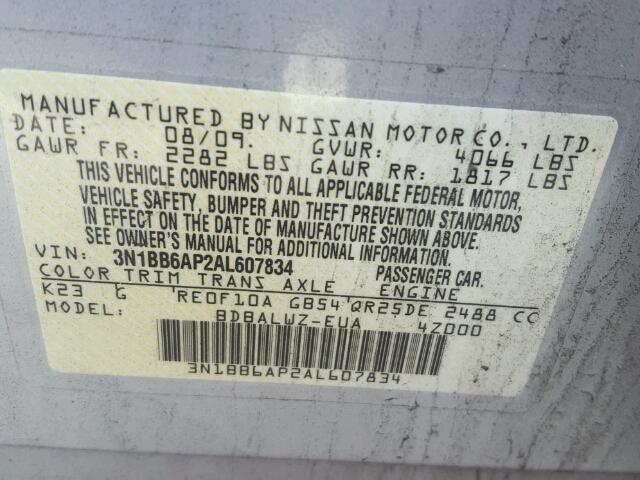 3N1BB6AP2AL607834 - 2010 NISSAN SENTRA SE- SILVER photo 10