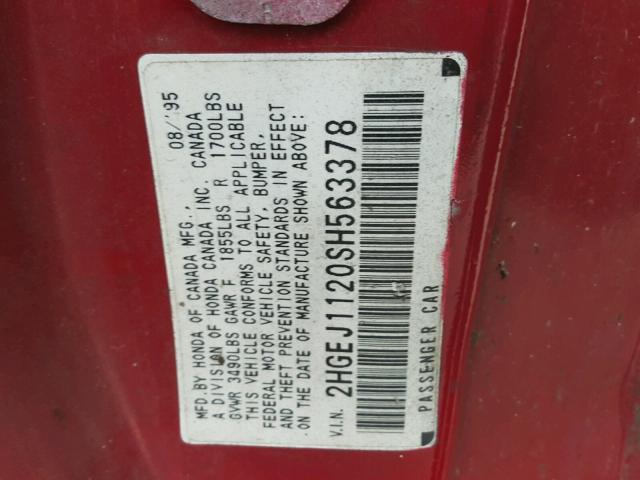 2HGEJ1120SH563378 - 1995 HONDA CIVIC EX RED photo 10