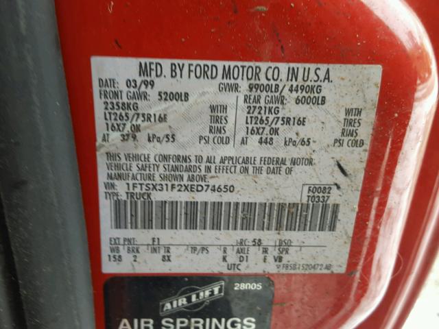 1FTSX31F2XED74650 - 1999 FORD F350 SRW S RED photo 10