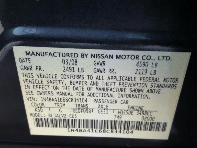 1N4BA41E68C834104 - 2008 NISSAN MAXIMA SE GRAY photo 10