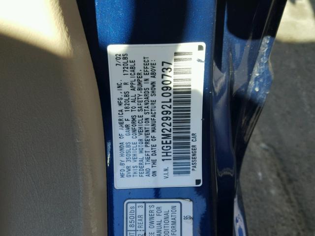 1HGEM22992L090737 - 2002 HONDA CIVIC EX ლურჯი ფოტო 10