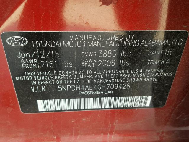 5NPDH4AE4GH709426 - 2016 HYUNDAI ELANTRA SE RED photo 10