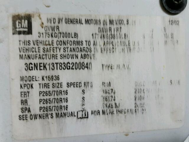 3GNEK13T83G200840 - 2003 CHEVROLET AVALANCHE WHITE photo 10