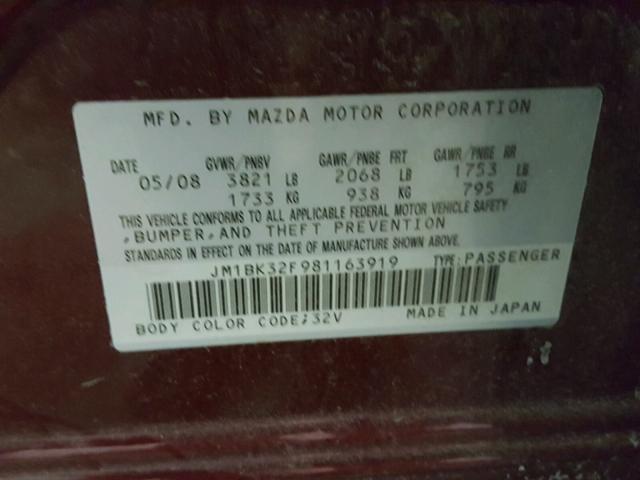 JM1BK32F981163919 - 2008 MAZDA 3 I MAROON photo 10