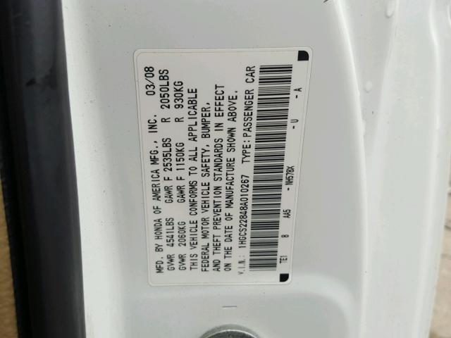 1HGCS22848A010267 - 2008 HONDA ACCORD EXL WHITE photo 10