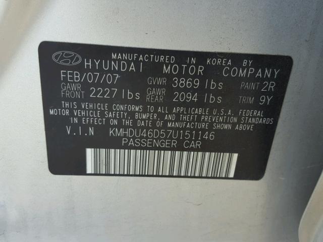 KMHDU46D57U151146 - 2007 HYUNDAI ELANTRA GL GRAY photo 10