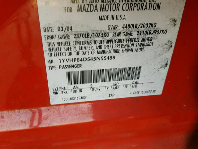 1YVHP84D545N55488 - 2004 MAZDA 6 S RED photo 10