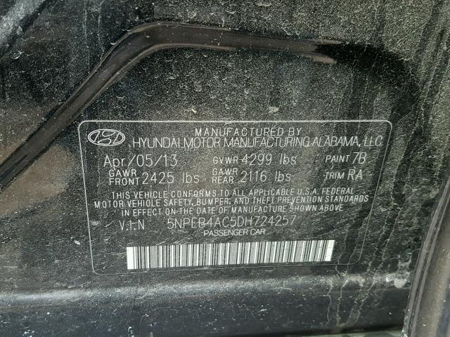 5NPEB4AC5DH724257 - 2013 HYUNDAI SONATA GLS BLACK photo 10