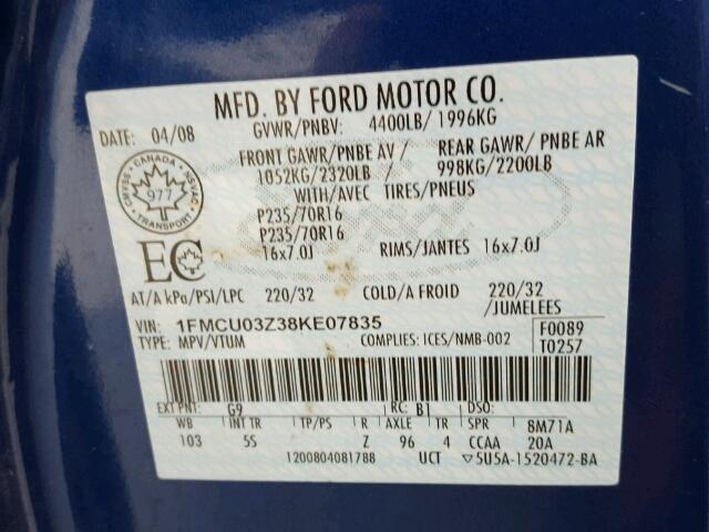 1FMCU03Z38KE07835 - 2008 FORD ESCAPE XLT BLUE photo 10