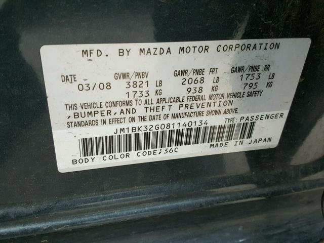 JM1BK32G081140134 - 2008 MAZDA 3 I GRAY photo 10