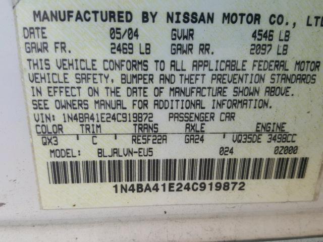 1N4BA41E24C919872 - 2004 NISSAN MAXIMA SE WHITE photo 10