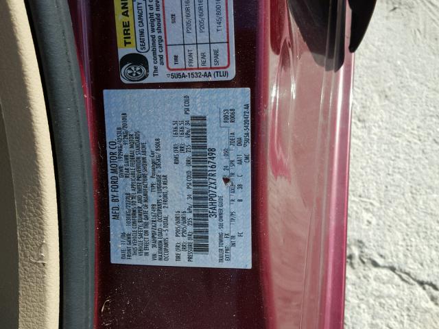 3FAHP07ZX7R167498 - 2007 FORD FUSION SE RED photo 10