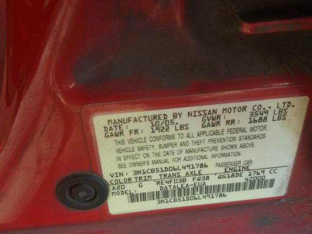 3N1CB51D06L491786 - 2006 NISSAN SENTRA 1.8 RED photo 10