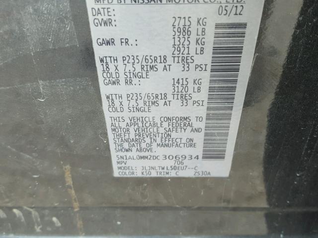 5N1AL0MM2DC306934 - 2013 INFINITI JX35 BASE GRAY photo 10