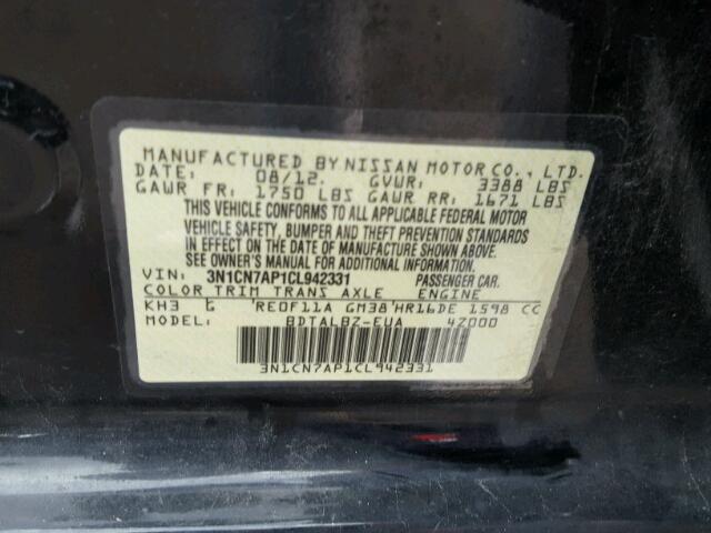 3N1CN7AP1CL942331 - 2012 NISSAN VERSA S BLACK photo 10