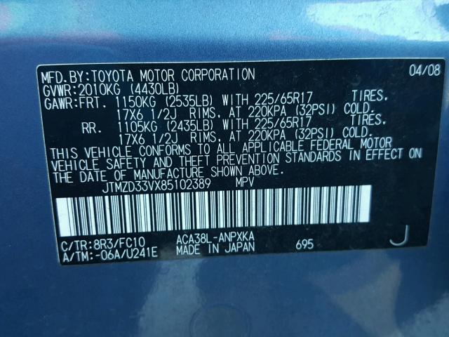 JTMZD33VX85102389 - 2008 TOYOTA RAV4 BLUE photo 10