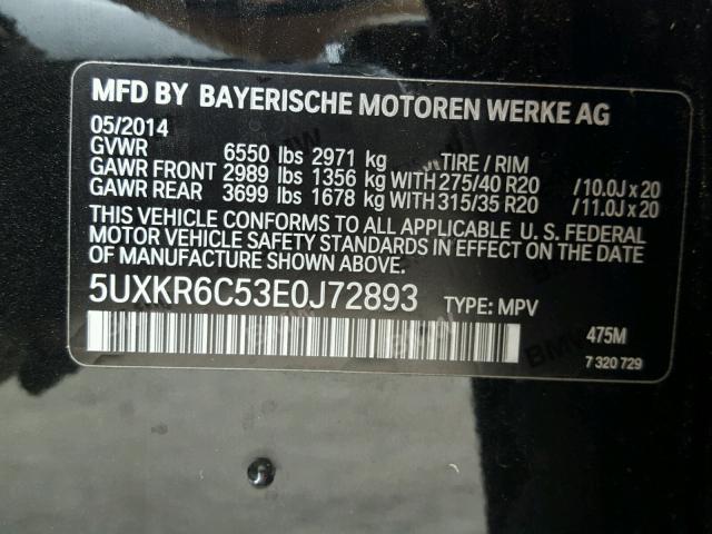 5UXKR6C53E0J72893 - 2014 BMW X5 XDRIVE5 BLACK photo 10