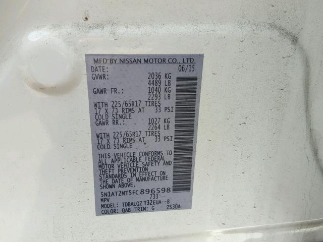 5N1AT2MT5FC896598 - 2015 NISSAN ROGUE S WHITE photo 10