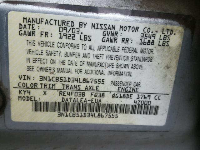 3N1CB51D34L867555 - 2004 NISSAN SENTRA 1.8 SILVER photo 10