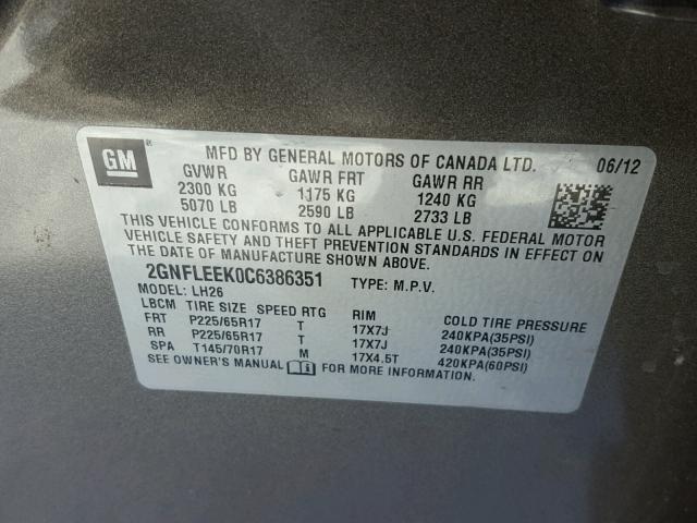 2GNFLEEK0C6386351 - 2012 CHEVROLET EQUINOX LT GRAY photo 10