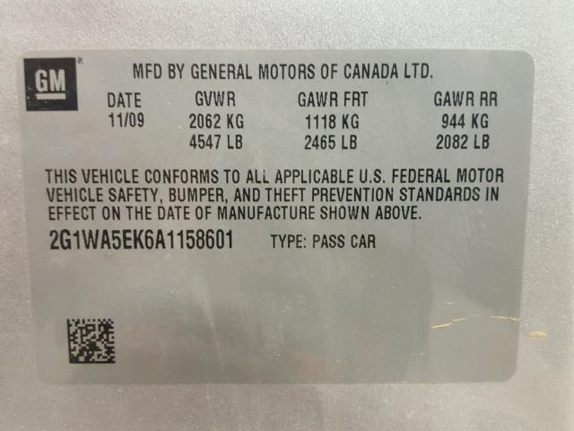 2G1WA5EK6A1158601 - 2010 CHEVROLET IMPALA LS SILVER photo 10