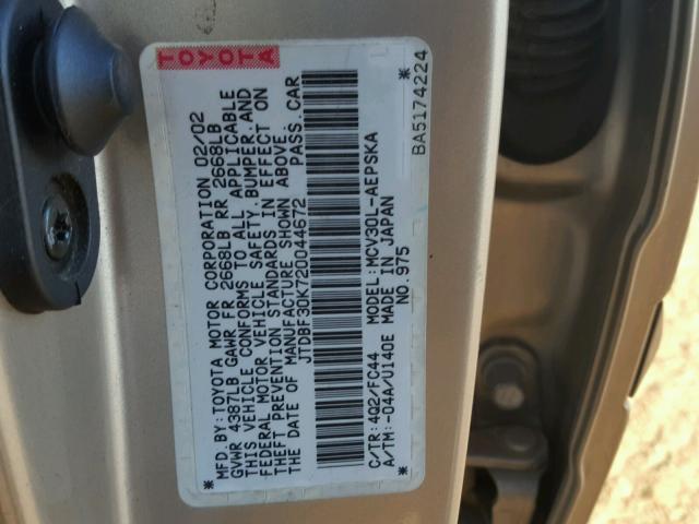 JTDBF30K720044672 - 2002 TOYOTA CAMRY LE 金色 照片 10