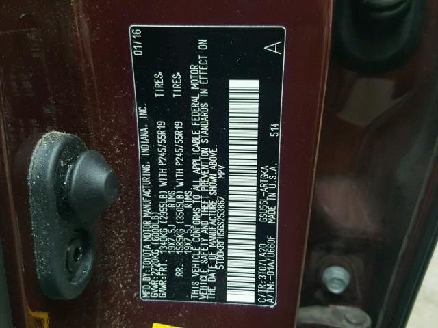 5TDDKRFH5GS253867 - 2016 TOYOTA HIGHLANDER BURGUNDY photo 10