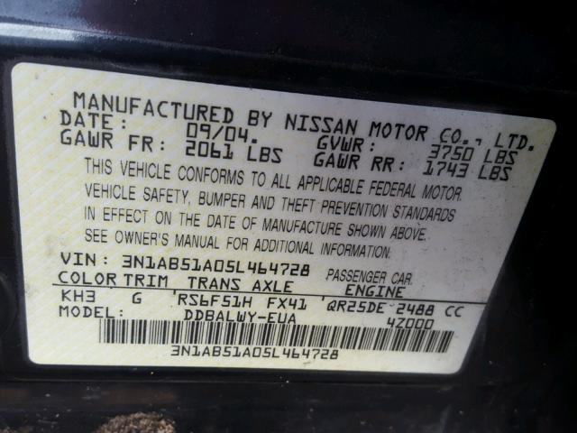 3N1AB51A05L464728 - 2005 NISSAN SENTRA SE- BLACK photo 10