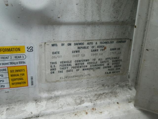 KL1TD56688B042675 - 2008 CHEVROLET AVEO BASE WHITE photo 10