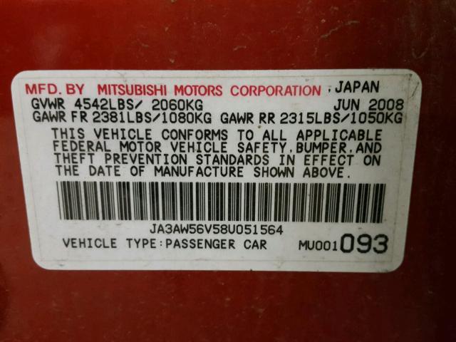 JA3AW56V58U051564 - 2008 MITSUBISHI LANCER EVO RED photo 10