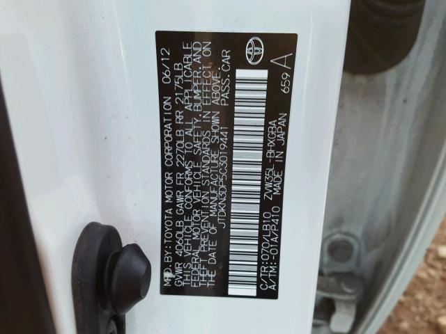 JTDKN3DP5C3019441 - 2012 TOYOTA PRIUS PLUG WHITE photo 10