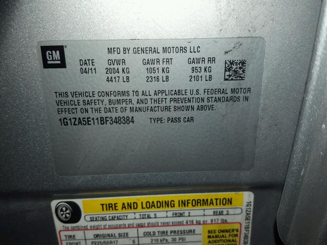 1G1ZA5E11BF348384 - 2011 CHEVROLET MALIBU LS Gümüş foto 10