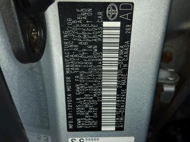 2T1BR32E66C684835 - 2006 TOYOTA COROLLA CE SILVER photo 10