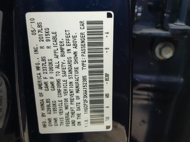 1HGCP2F3XAA152385 - 2010 HONDA ACCORD LX BLUE photo 10