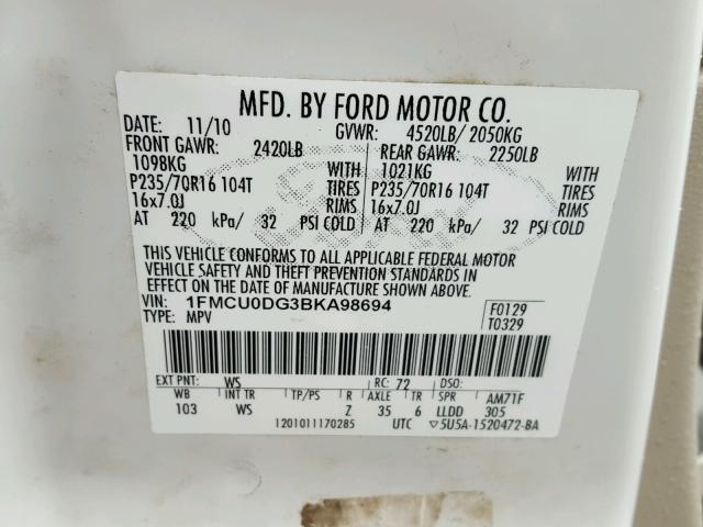 1FMCU0DG3BKA98694 - 2011 FORD ESCAPE XLT WHITE photo 10