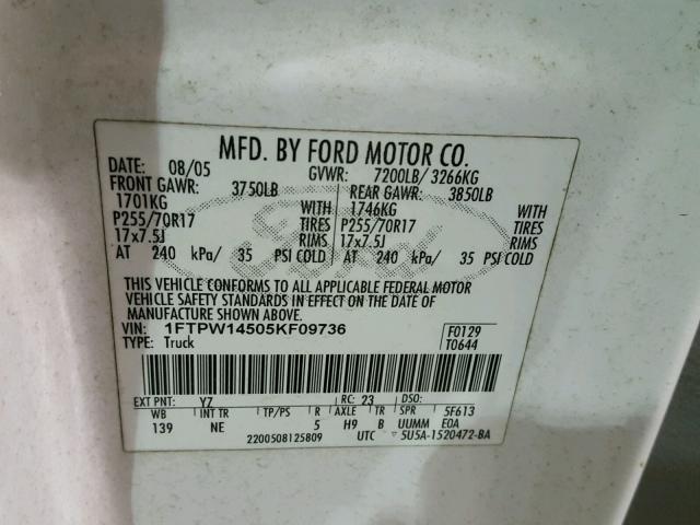 1FTPW14505KF09736 - 2005 FORD F150 SUPER WHITE photo 10