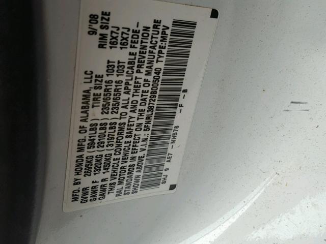 5FNRL38729B005040 - 2009 HONDA ODYSSEY EX WHITE photo 10