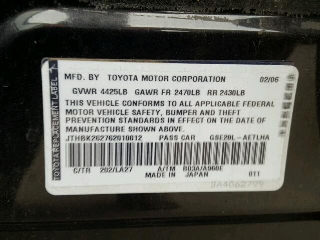 JTHBK262762010012 - 2006 LEXUS IS 250 BLACK photo 10