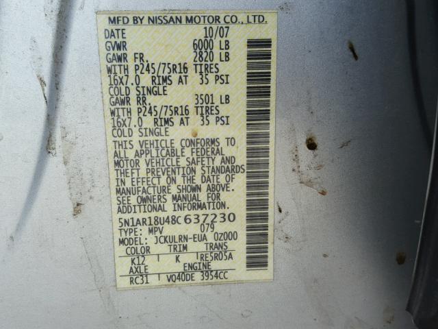 5N1AR18U48C637230 - 2008 NISSAN PATHFINDER SILVER photo 10