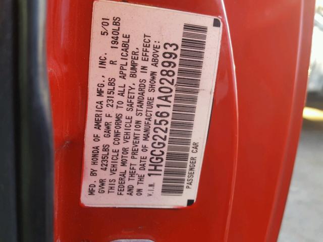 1HGCG22561A028993 - 2001 HONDA ACCORD EX RED photo 10