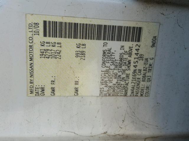 1N4AL21E69N451442 - 2009 NISSAN ALTIMA 2.5 WHITE photo 10