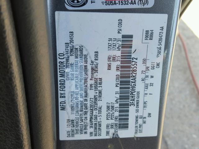 3FAHP0HGXAR285572 - 2010 FORD FUSION SE GRAY photo 10