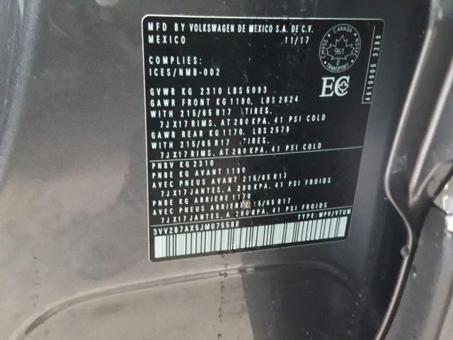 3VV2B7AX5JM075588 - 2018 VOLKSWAGEN TIGUAN SE Grau Foto 10