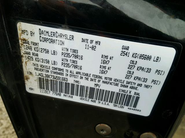 1J4GL38K73W591663 - 2003 JEEP LIBERTY RE BLACK photo 10