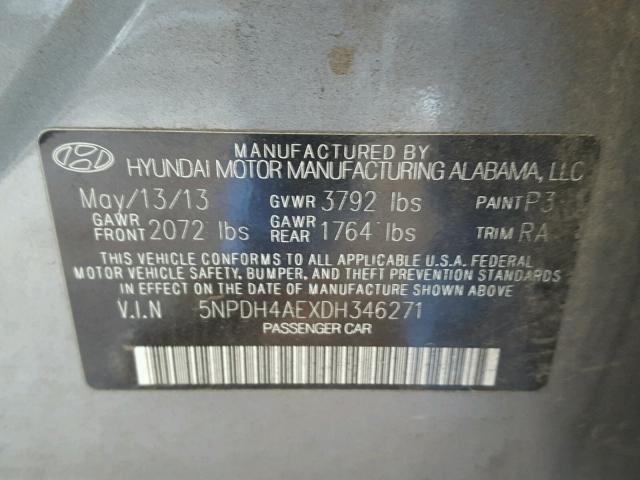 5NPDH4AEXDH346271 - 2013 HYUNDAI ELANTRA GL GRAY photo 10