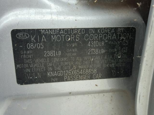 KNAGD126X65468658 - 2006 KIA OPTIMA LX SILVER photo 10