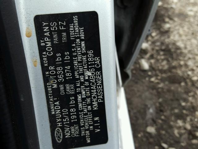 KMHCN4AC4BU611896 - 2011 HYUNDAI ACCENT GLS SILVER photo 10