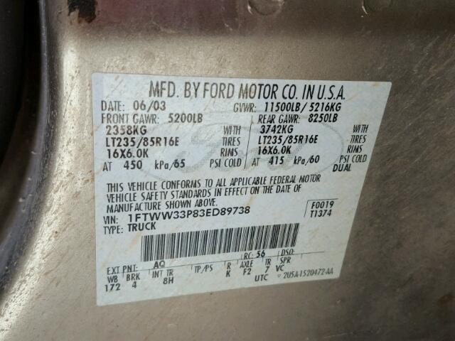 1FTWW33P83ED89738 - 2003 FORD F350 SUPER GOLD photo 10