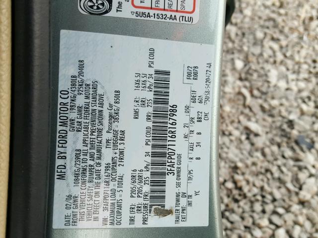 3FAFP07116R167986 - 2006 FORD FUSION SE GRAY photo 10