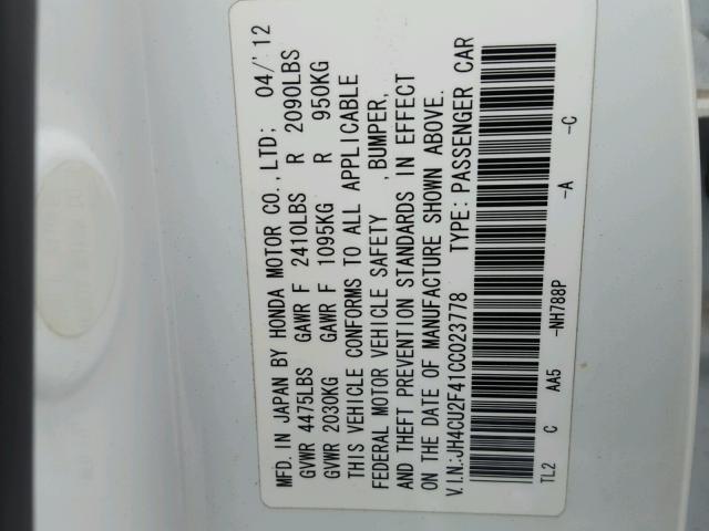 JH4CU2F41CC023778 - 2012 ACURA TSX WHITE photo 10